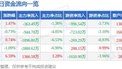 股票行情快报：冠捷科技（000727）1月20日主力资金净卖出363.49万元