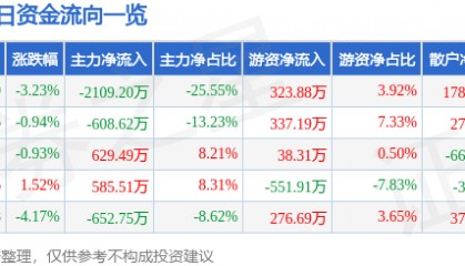 股票行情快报：银星能源（000862）12月23日主力资金净卖出2109.20万元