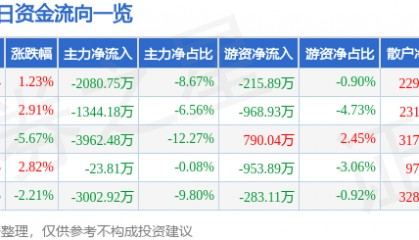 股票行情快报：乾照光电（300102）2月20日主力资金净卖出2080.75万元