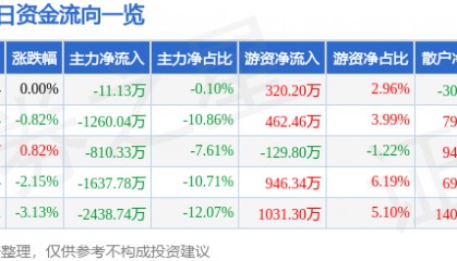 股票行情快报：新兴铸管（000778）1月8日主力资金净卖出11.13万元