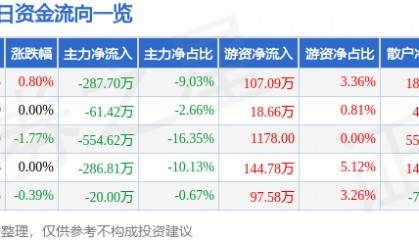 股票行情快报：银星能源（000862）2月17日主力资金净卖出287.70万元