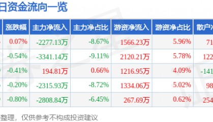 股票行情快报：国投电力（600886）8月19日主力资金净卖出2277.13万元