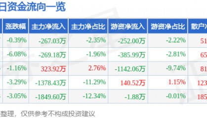 股票行情快报：金刚光伏（300093）1月6日主力资金净卖出267.03万元