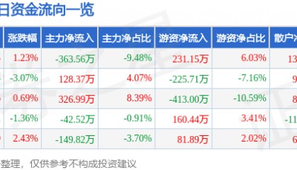 股票行情快报：凯美特气（002549）1月13日主力资金净卖出363.56万元