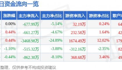 股票行情快报：长源电力（000966）8月19日主力资金净卖出677.99万元