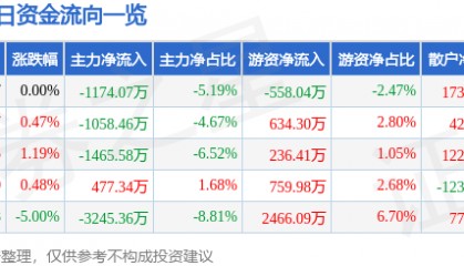 股票行情快报：海马汽车（000572）3月6日主力资金净卖出1174.07万元