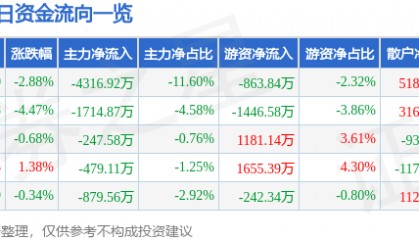 股票行情快报：冠捷科技（000727）1月2日主力资金净卖出4316.92万元