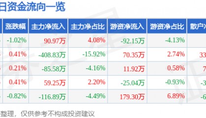 股票行情快报：银星能源（000862）1月21日主力资金净买入90.97万元