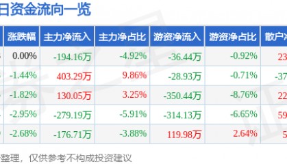 股票行情快报：银星能源（000862）1月6日主力资金净卖出194.16万元