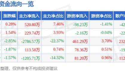 股票行情快报：新世界（600628）5月27日主力资金净买入520.80万元
