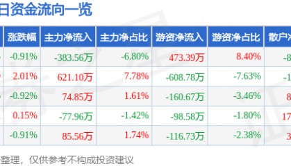 股票行情快报：凯美特气（002549）3月11日主力资金净卖出383.56万元
