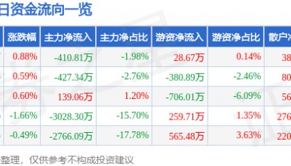 股票行情快报：明星电力（600101）8月19日主力资金净卖出410.81万元
