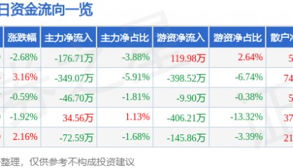 股票行情快报：银星能源（000862）12月30日主力资金净卖出176.71万元