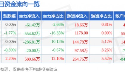 股票行情快报：银星能源（000862）2月14日主力资金净卖出61.42万元