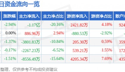 股票行情快报：君正集团（601216）3月21日主力资金净卖出1.17亿元