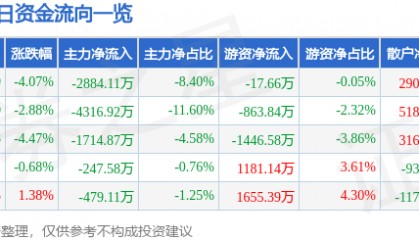 股票行情快报：冠捷科技（000727）1月3日主力资金净卖出2884.11万元