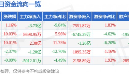 股票行情快报：上海电力（600021）8月19日主力资金净卖出3.73亿元