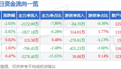 股票行情快报：乾照光电（300102）1月2日主力资金净卖出2172.00万元