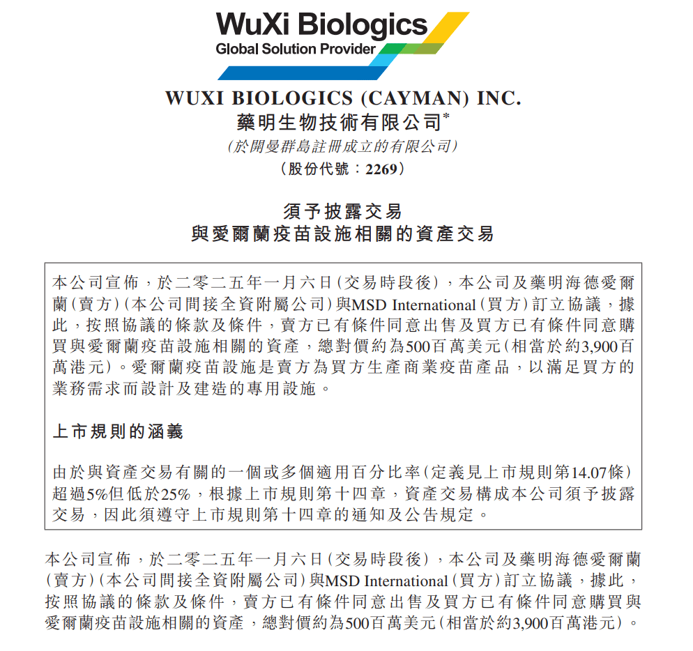 药明生物出售海外资产,但并非因为生物安全法案