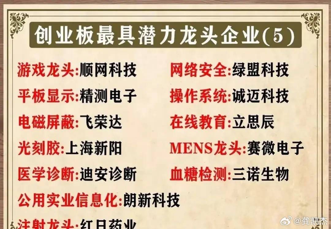 创业板最具潜力龙头股一览表，仅供参考！