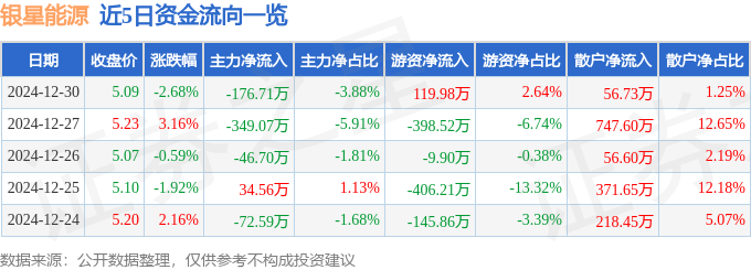 股票行情快报：银星能源（000862）12月30日主力资金净卖出176.71万元