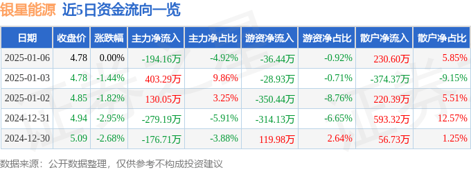 股票行情快报：银星能源（000862）1月6日主力资金净卖出194.16万元