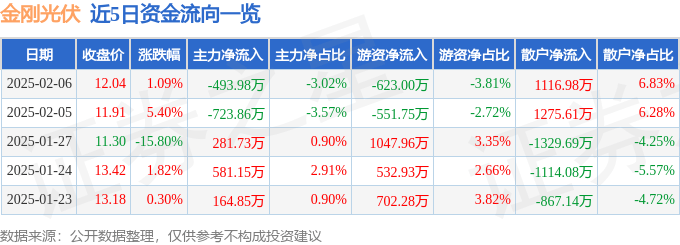 股票行情快报:金刚光伏(300093)2月6日主力资金净卖出493.98万元