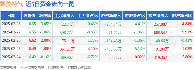 股票行情快报：凯美特气（002549）2月28日主力资金净卖出22.74万元