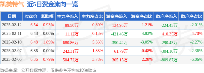 股票行情快报：凯美特气（002549）2月12日主力资金净买入89.50万元