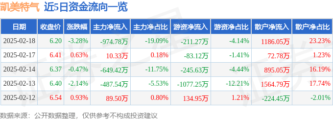 股票行情快报：凯美特气（002549）2月18日主力资金净卖出974.78万元