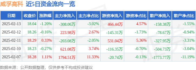 股票行情快报：威孚高科（000581）2月13日主力资金净卖出308.06万元