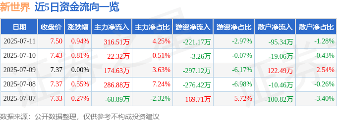 股票行情快报：新世界（600628）7月11日主力资金净买入316.51万元