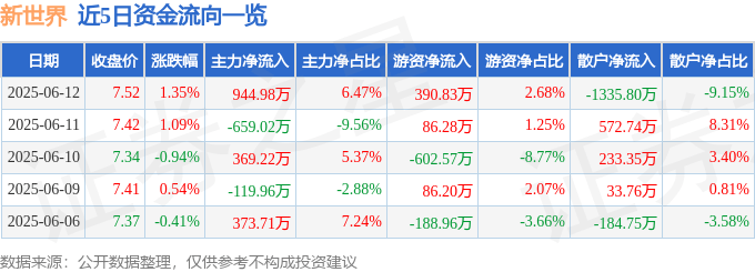 股票行情快报：新世界（600628）6月12日主力资金净买入944.98万元