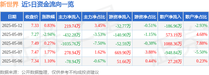 股票行情快报：新世界（600628）5月12日主力资金净买入219.74万元