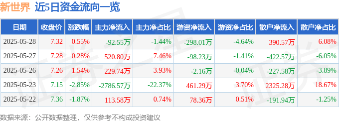 股票行情快报：新世界（600628）5月28日主力资金净卖出92.55万元