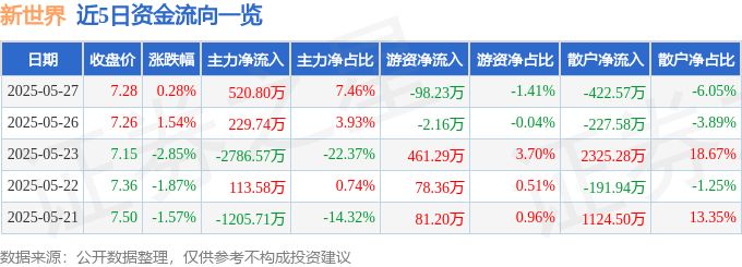 股票行情快报：新世界（600628）5月27日主力资金净买入520.80万元